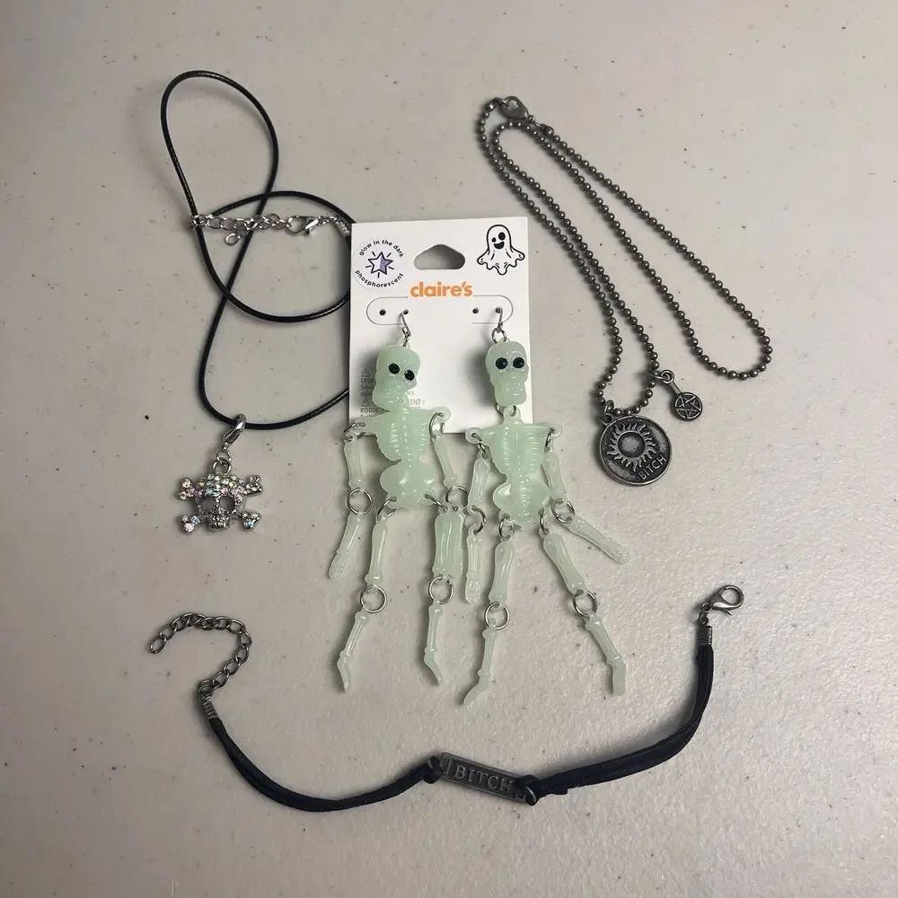 Halloween Glow In The Dark Skeleton Earrings Spooky Necklaces Bracelet Set Lot